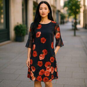 ROZ & ALI SZ S Red Rose Floral Print Black Midi Dress